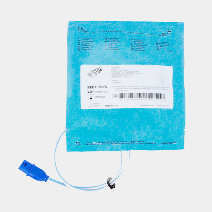 Electrodo Parche Euro Defi Pads para Schiller Tipo Adulto Cable Externo vista especificaciones