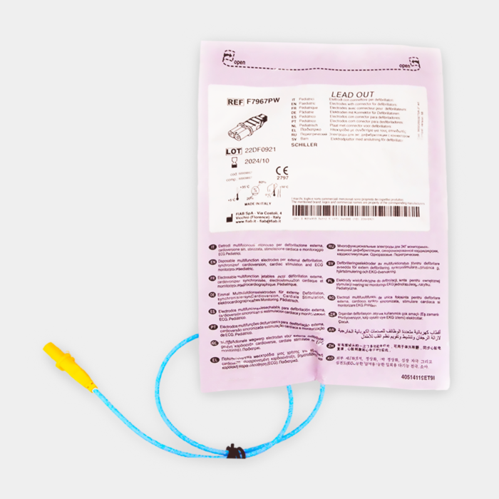 Electrodo Parche Euro Defi Pads para Schiller Tipo Pediátrico Cable Externo vista especificaciones