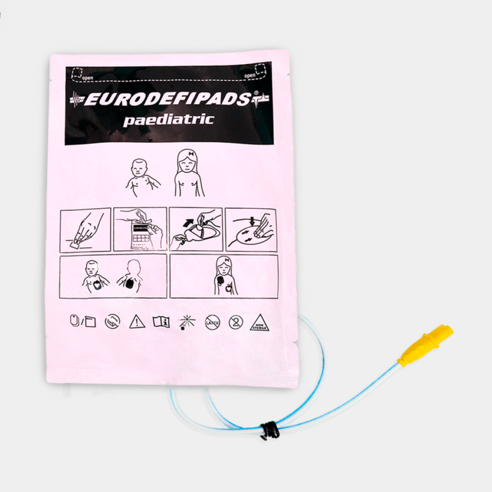 Electrodo Parche Euro Defi Pads para Schiller Tipo Pediátrico Cable Externo vista frontal