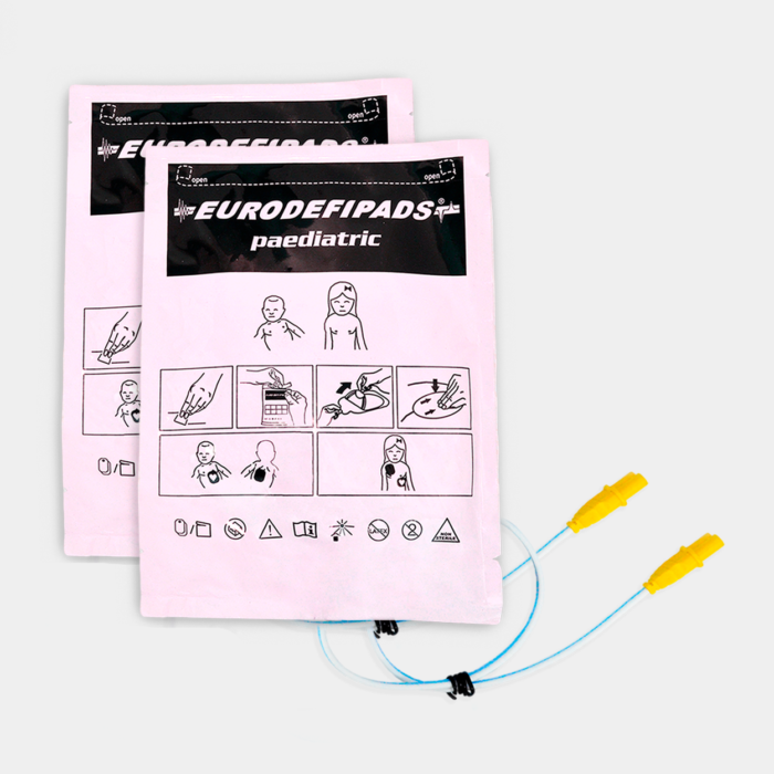 Electrodo Parche Euro Defi Pads para Schiller Tipo Pediátrico Cable Externo vista paquetes